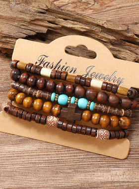 新品复古十字架多层串珠木珠手链 多件套手串