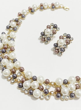 Pearl necklace earrings欧美时尚珍珠水钻短款新娘项链耳钉套装