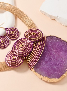 新款夸张华丽几何仿水晶吊坠锁骨链宴会项链耳环套装女necklace