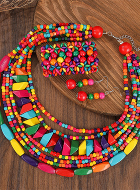 夸张复古7层木块项链手链耳环套装彩色女波西米亚手工饰品