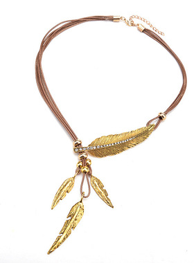 欧美羽毛树叶镶钻黑皮绳多层流苏项链女士锁骨链毛衣链necklace