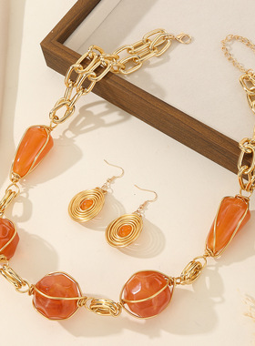 欧美简约树脂铝条几何编织项链