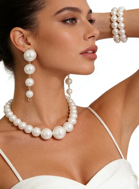 仿珍珠项链手套耳钉四件套法式女