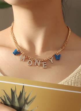 Diamond letter baby butterfly Angel Necklace镶钻字母蝴蝶项链