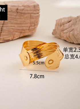 欧美新款金属褶皱花纹开口手镯时尚弧形夸张光面宽手环手饰女