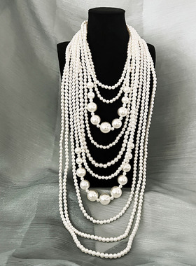 爆款夸张珍珠多层长项链礼服百搭