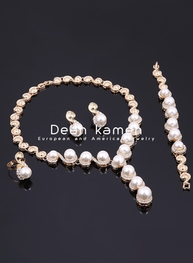 Wedding bride Pearl necklace earrings rings Set珍珠金属项链