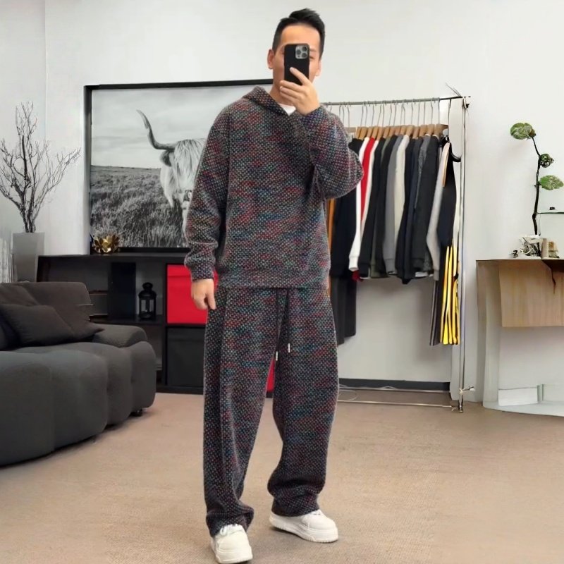 冬季加绒加厚时尚套装男士千鸟格雪呢绒休闲运动卫衣卫裤两件套男,淘宝优惠券,粉丝福利购,淘宝优惠卷