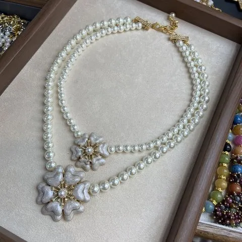 白色项链仙气锁骨链戒指耳环镶钻法式花朵珍珠山茶花优雅滴油,淘宝优惠券,粉丝福利购,淘宝优惠卷