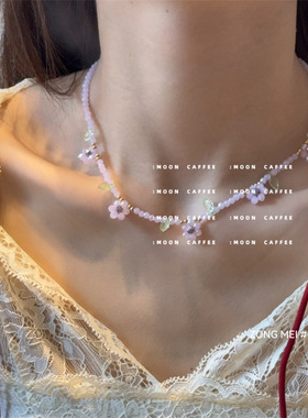 手工串珠钛钢项链清新创意花朵颈链个性度假风小皱菊编织花卉项链