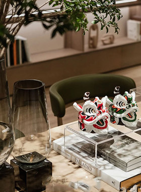 新中式舞狮醒狮子头装饰品摆件样板间书房客厅茶几博古架茶宠摆设