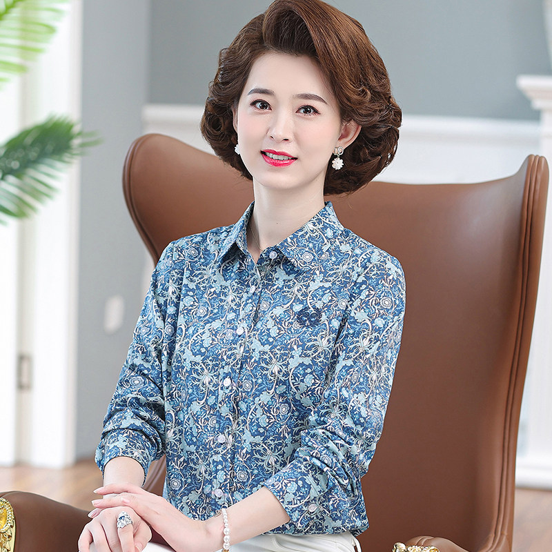 春季新款中老年纯棉衬衫上衣女翻领长袖妈妈秋装休闲印花全棉衬衣