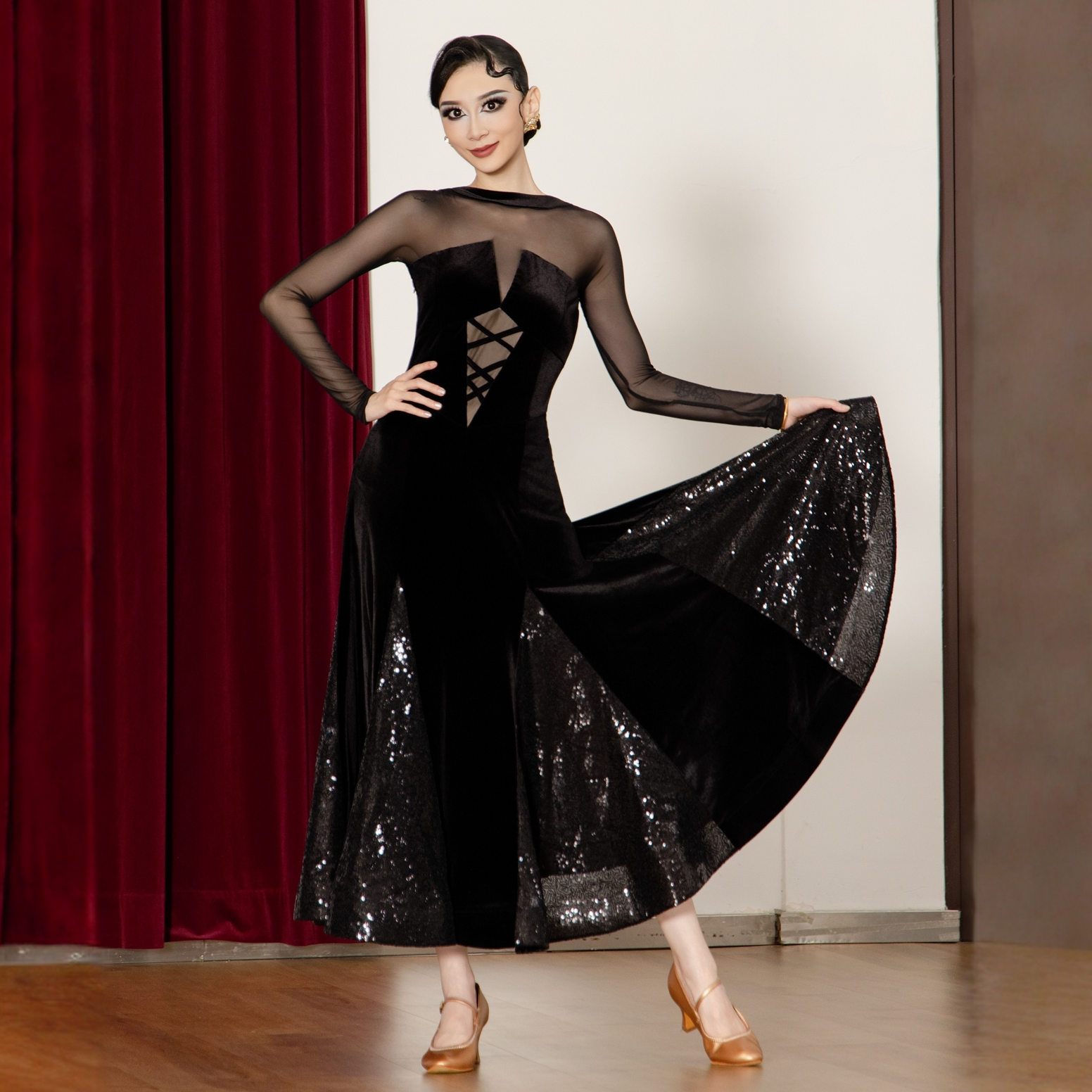 丹珍国标连衣裙新款女交谊舞摩登表演舞跳舞性感丝绒大摆裙M9-14,淘宝优惠券,粉丝福利购,淘宝优惠卷