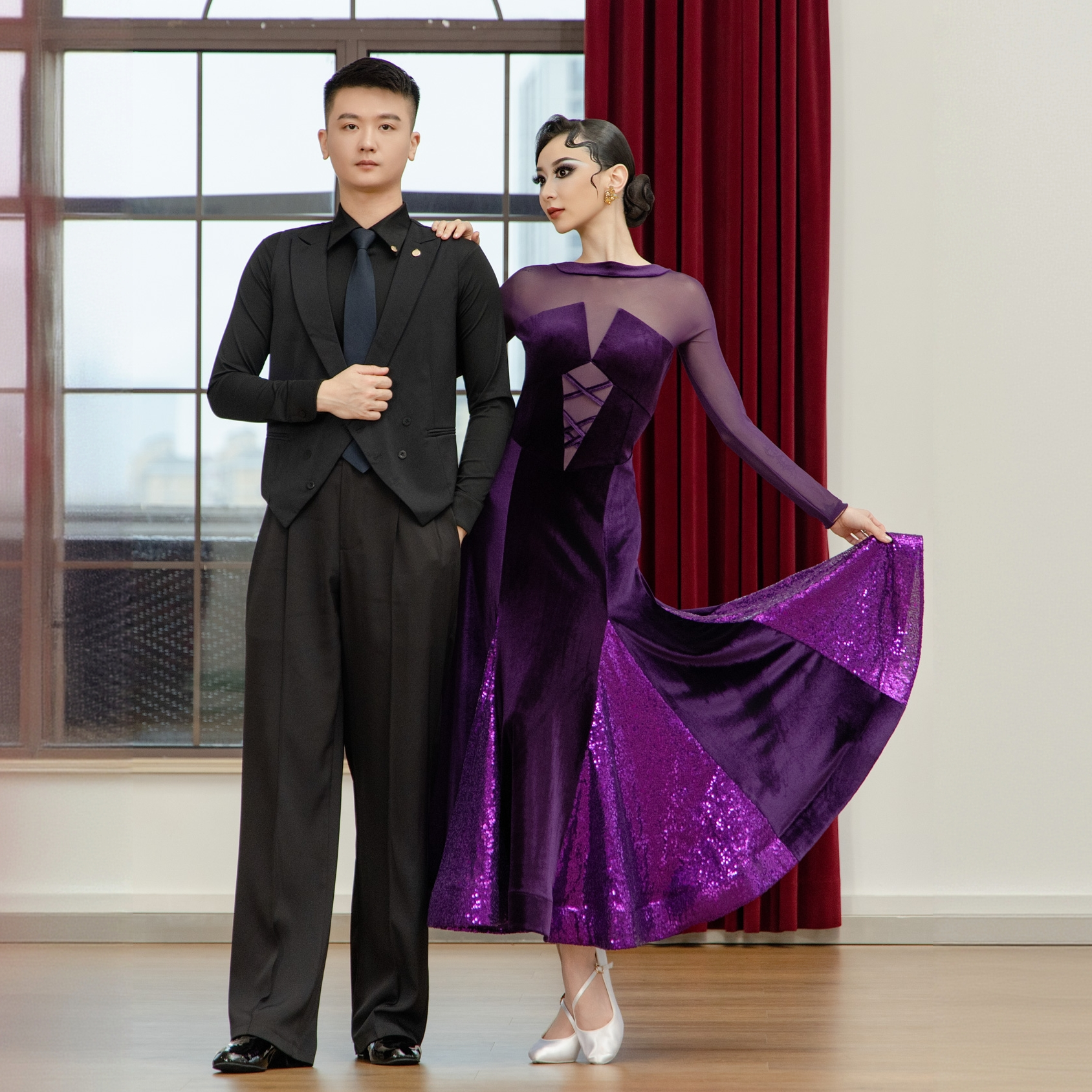 丹珍国标连衣裙新款女交谊舞摩登表演舞跳舞性感丝绒大摆裙M9-14,淘宝优惠券,粉丝福利购,淘宝优惠卷