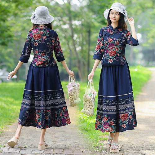 复古风民族风春秋七分袖上衣大摆裙两件套棉麻套装女民国风时尚裙 - 图0