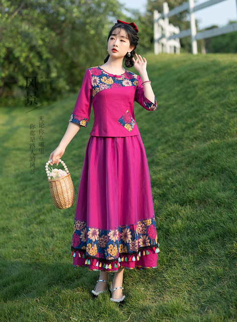 ແບບຈີນ Hanfu ປັບປຸງ cheongsam ເທິງວັນນະຄະດີ retro ແບບຈີນ buckle ຝ້າຍແລະ linen ແບບຊົນເຜົ່າຂອງແມ່ຍິງພາກຮຽນ spring ແລະ summer ຊຸດ