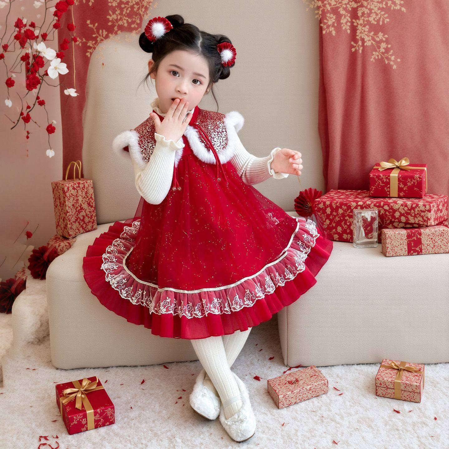 ABC女童国风加绒兔耳朵亮片礼服背心裙毛衣打底儿童喜庆过年公主,淘宝优惠券,粉丝福利购,淘宝优惠卷