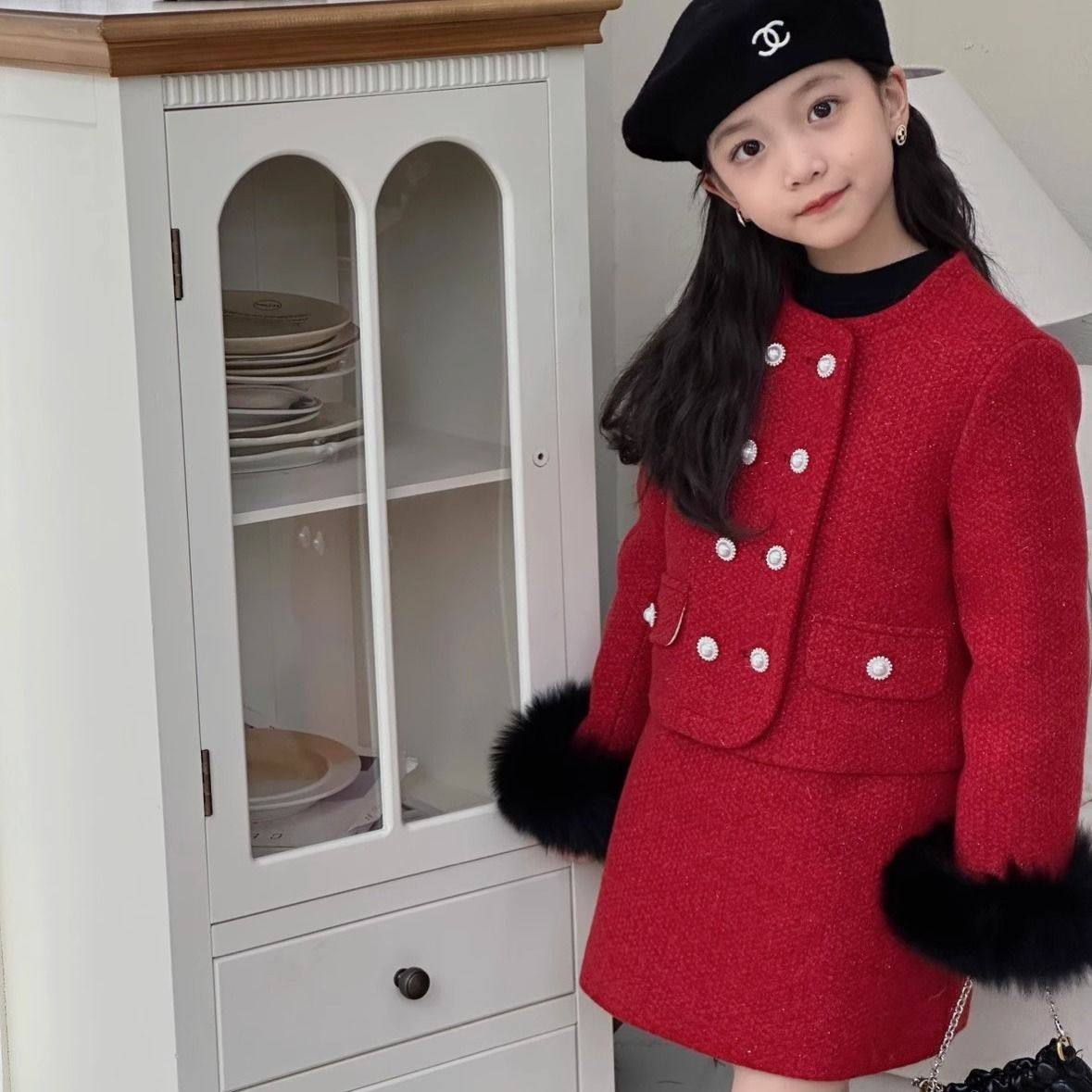 ABC女童小香风套装2024年冬季新款狐狸毛粗花呢夹棉加厚半身裙两,淘宝优惠券,粉丝福利购,淘宝优惠卷