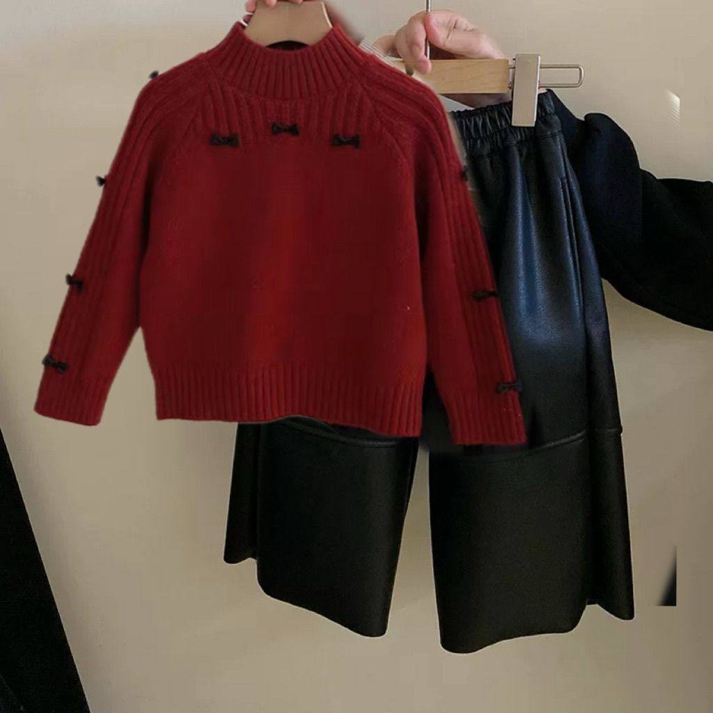 ABC女童秋冬爆款毛领红色毛衣一体绒皮裤两件套女大童新年喜庆套,淘宝优惠券,粉丝福利购,淘宝优惠卷