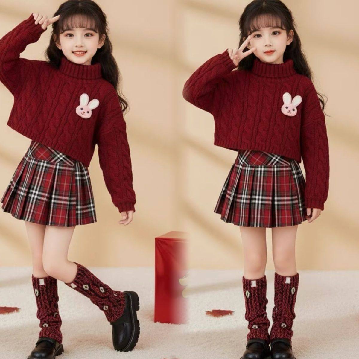 ABC女童红色针织衫高领短款麻花毛衣2026超火冬季大童初中生套装,淘宝优惠券,粉丝福利购,淘宝优惠卷