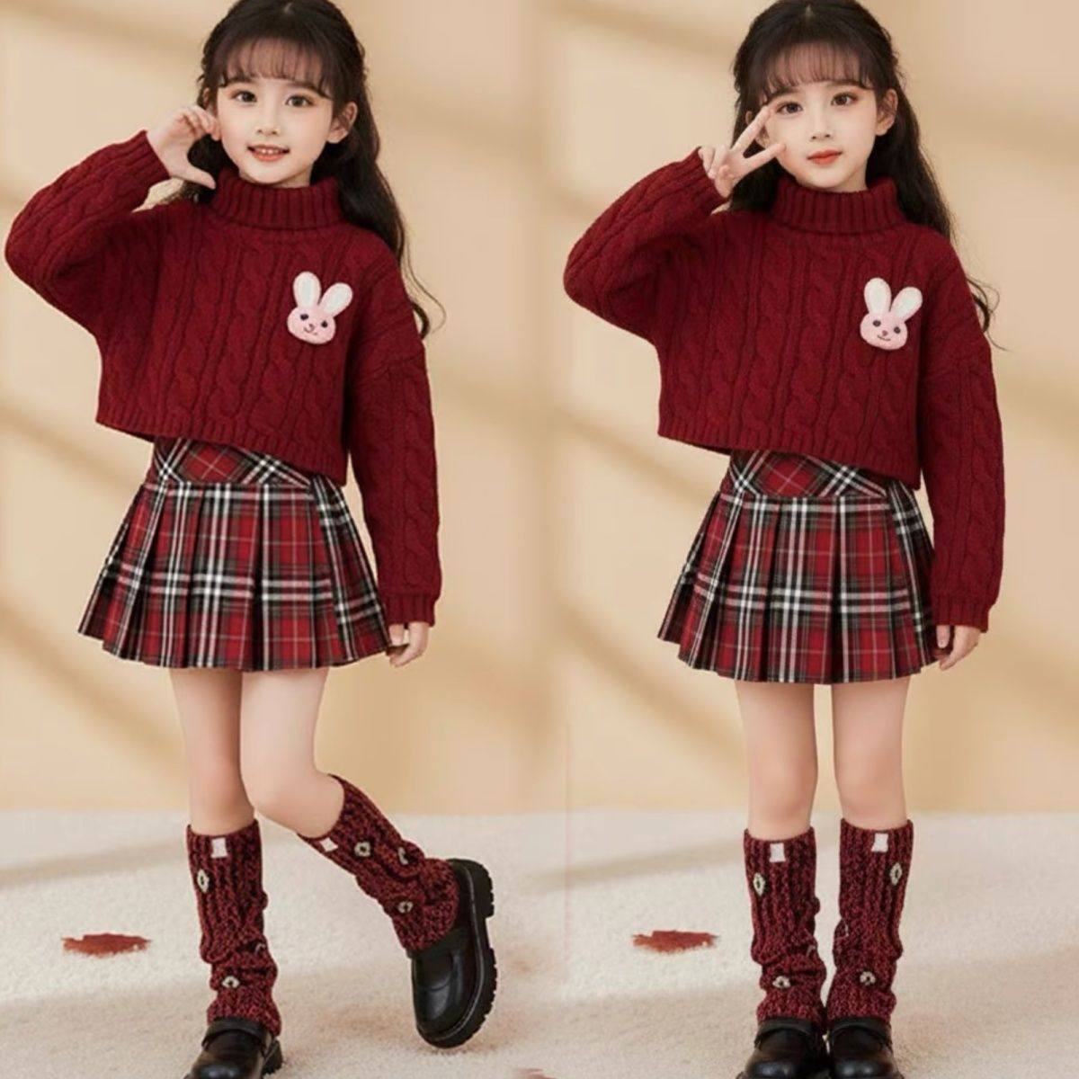 ABC女童红色针织衫高领短款麻花毛衣2026超火冬季大童初中生套装,淘宝优惠券,粉丝福利购,淘宝优惠卷
