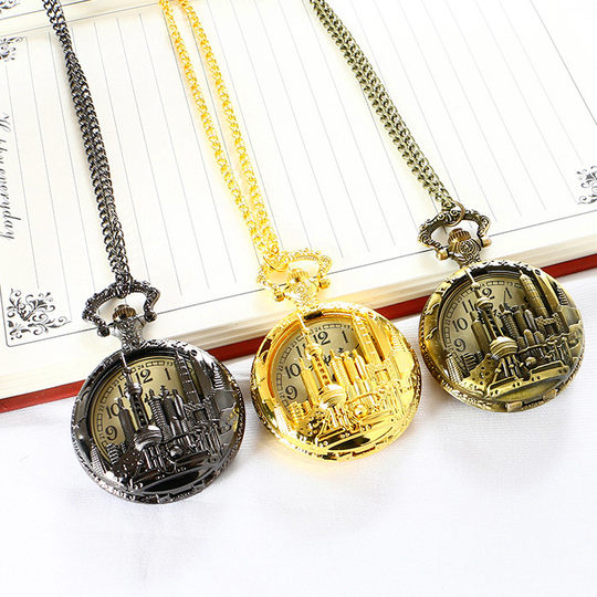 老式金色怀表东方明珠上海旅游景点纪念品翻盖石英项链挂表镂空表