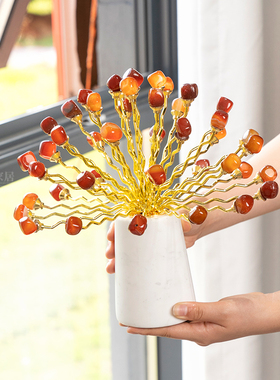 现代轻奢大理石红玛瑙招财树装饰摆件书房民宿酒店电视柜软装饰品