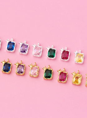 日系饰品配件 925纯银星星镶嵌锆石方形吊坠 手工diy材料手链挂坠