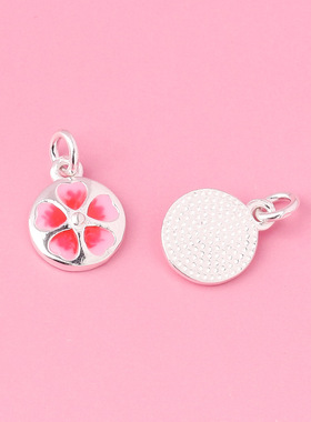 s925银小清新滴胶粉色樱花圆牌吊坠diy手工编绳小挂件材料