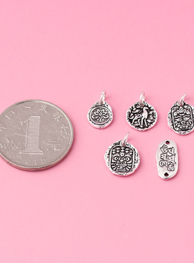 s925银复古扎基拉姆吊坠莲花圆牌挂件diy佛珠手串项链侧挂银配件