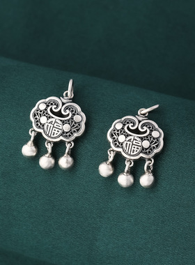 S999足银如意平安锁吊坠做旧工艺福字哑铃锁骨链配坠儿童吉祥挂坠