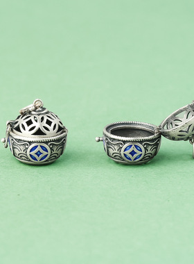 s990足银镂空香囊球聚宝盆吊坠香薰项链随身佩戴香丸精油扩香器