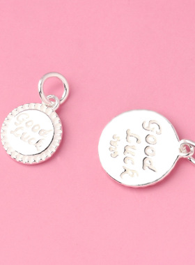 S925素银英文goodluck圆牌吊坠配件 手工DIY编绳串珠手链幸运挂件