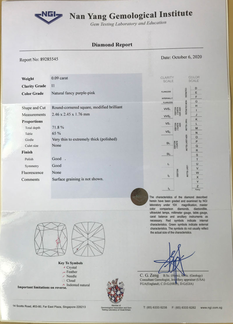 【品蓝珠宝】NGI0.09克拉100%天然紫粉钻彩钻GIA粉钻紫钻IGI钻石 - 图1