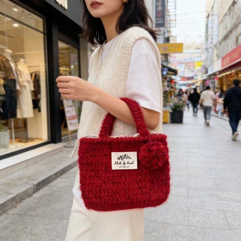 钩织DIY编织材料包红色毛线手提包手工制作毛球装饰送闺蜜朋友潮,淘宝优惠券,粉丝福利购,淘宝优惠卷