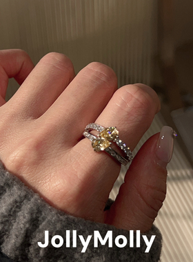 JollyMolly925银原创设计轻奢礼物百搭重工高碳钻双层黄水滴戒指