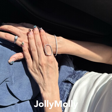 JollyMolly小众设计师925银轻奢生日礼物网红高级重工线条椭圆戒