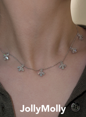JollyMolly小众设计师925银轻奢生日礼物网红重工高碳钻花丛项链