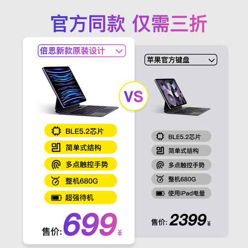 倍思2024新款适用苹果ipad妙控键盘Air6保护套壳Pro11英寸54平板电脑910代2022磁吸悬浮13蓝牙触控一体式秒