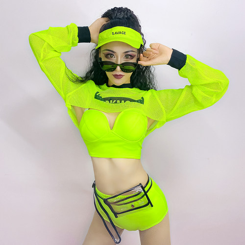 新款酒吧ds演出服装夜店dj女团gogo领舞嘻哈爵士舞荧光绿上衣套装 - 图1