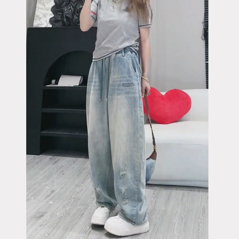 欧货潮复古破洞宽松阔腿牛仔裤女秋冬新款松紧腰系带休闲高腰长裤,淘宝优惠券,粉丝福利购,淘宝优惠卷