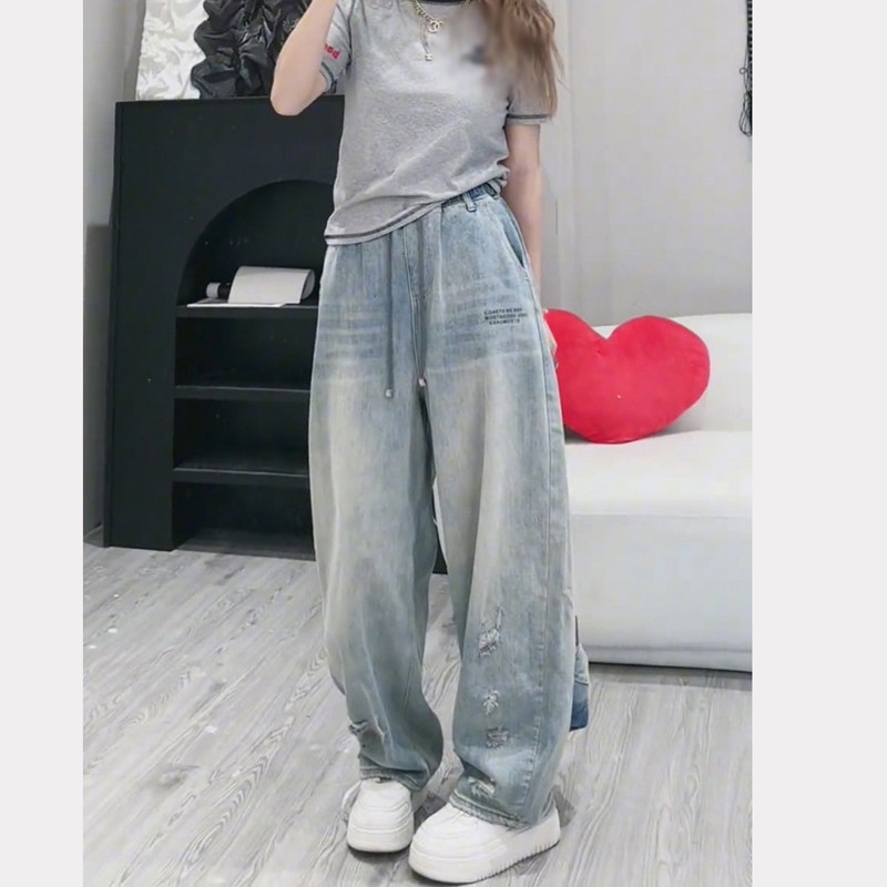 欧货潮复古破洞宽松阔腿牛仔裤女秋冬新款松紧腰系带休闲高腰长裤,淘宝优惠券,粉丝福利购,淘宝优惠卷