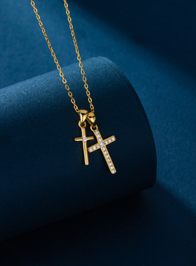 跨境热销s925银欧美风ins双十字架个性项链潮流小众满钻锁骨链女