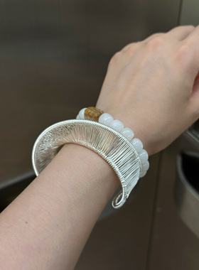 小众设计个性银色不规则螺旋宽版手镯  夏季时髦高级感开口可调节