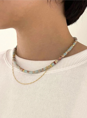 天然彩石项链星月钱币叠蛇骨链女