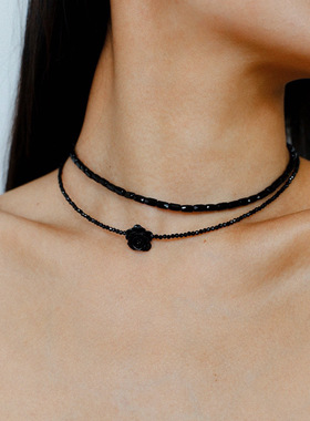 时尚气质黑色双层串珠黑玫瑰锁骨链  夏季时髦冷淡风花朵choker女