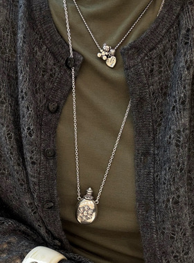 国内小众设计PIC银色复古做旧雕刻酒壶项链  高级感轻奢毛衣链