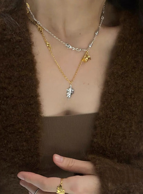 Lemai*小众设计Gold Estampe vintage做旧树叶小手掌双层项链女