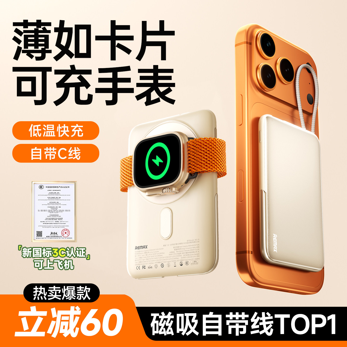 【充电宝3c认证可上飞机】磁吸自带线超薄小巧便携magsafe可充苹果手表10000毫安大容量17手机2026新款三合一