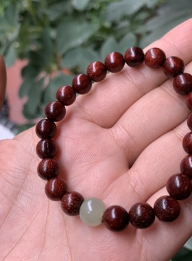 天然和田玉手串带星小叶紫檀8mm手串单圈手链男女檀木和田玉手链